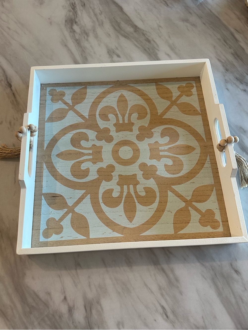 Decorative White and Natural Wood Serving Tray